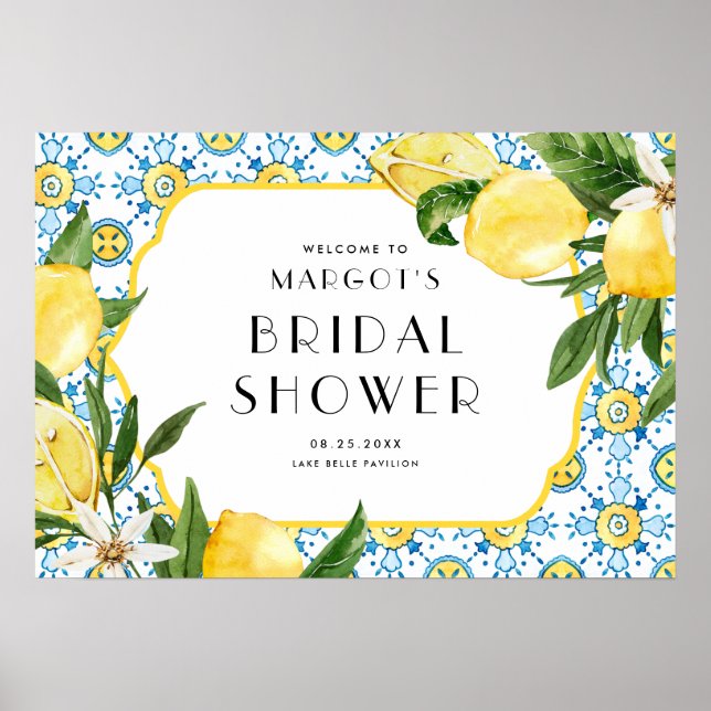 Póster Watercolor Lemon Mediterranean Bridal Shower (Frente)