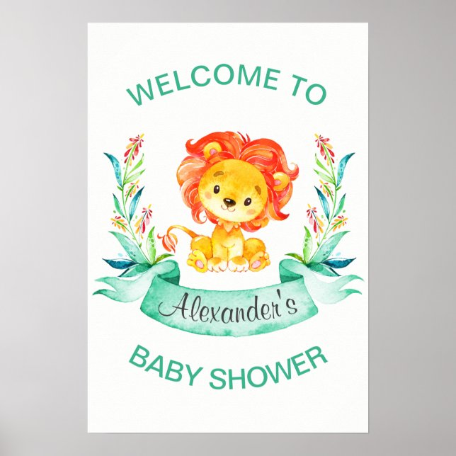 Póster Watercolor Lion Boy Baby Shower (Frente)