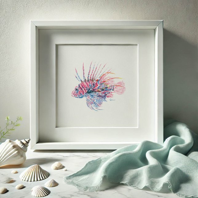 Póster Watercolor Lionfish Art (Watercolor paintings by Victoria Grigaliunas features a lion fish print.)