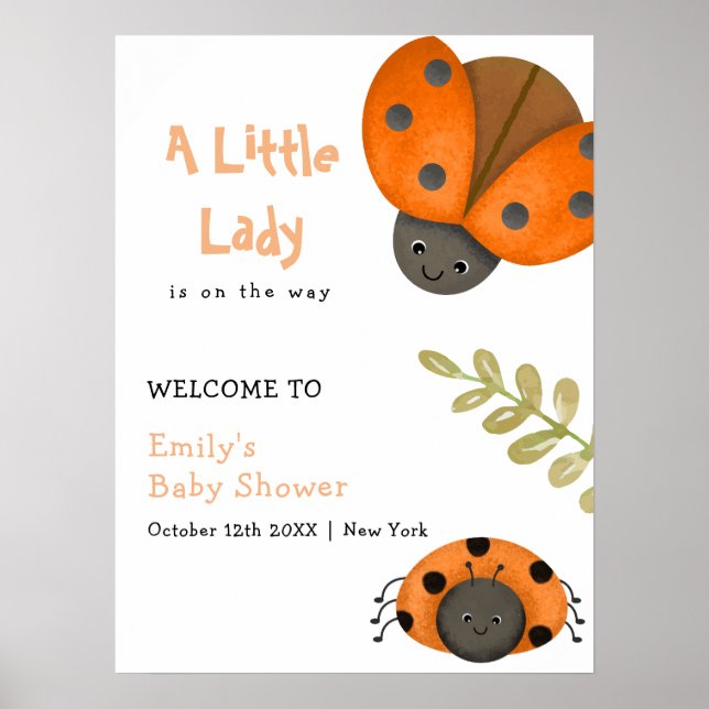 Póster Watercolor Little Ladybug Baby Shower Welcome (Frente)