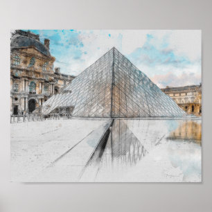 Póster Watercolor Louvre París Poster Francia   Artístico