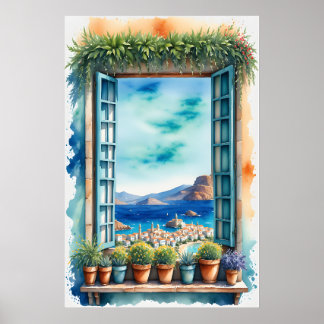 Póster Watercolor Mediterranean Window View Coastal Ville