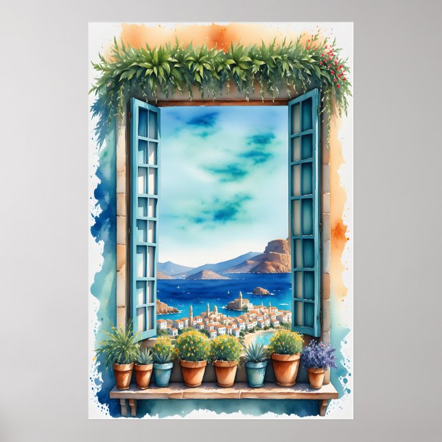 Póster Watercolor Mediterranean Window View Coastal Ville (Frente)