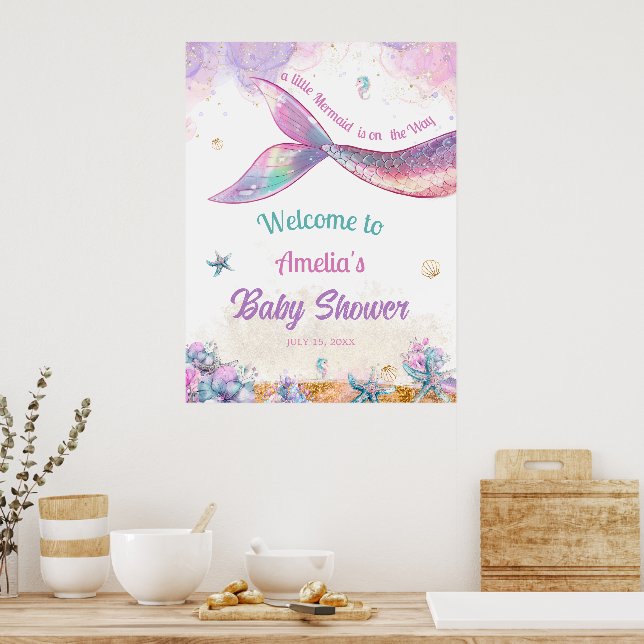 Póster Watercolor Mermaid Tail Welcome Ocean Girl (Cocina)