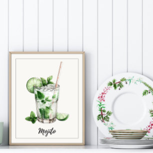 Póster Watercolor Mojito Cocktail Art Print Kitchbar