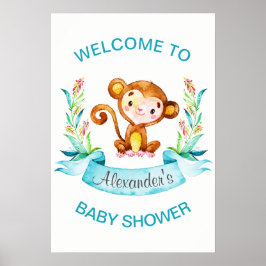 Póster Watercolor Monkey Boy Baby Shower