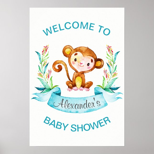 Póster Watercolor Monkey Boy Baby Shower (Frente)