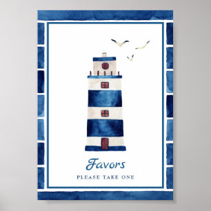 Póster Watercolor Navy Blue Lighthouse Nautical Favors