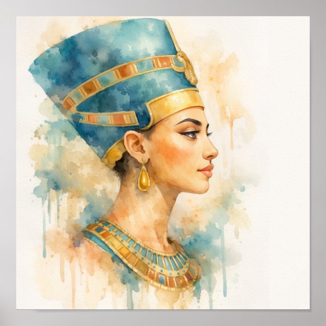 Póster Watercolor Nefertiti Art Print Pharaonic Egyptian  (Frente)