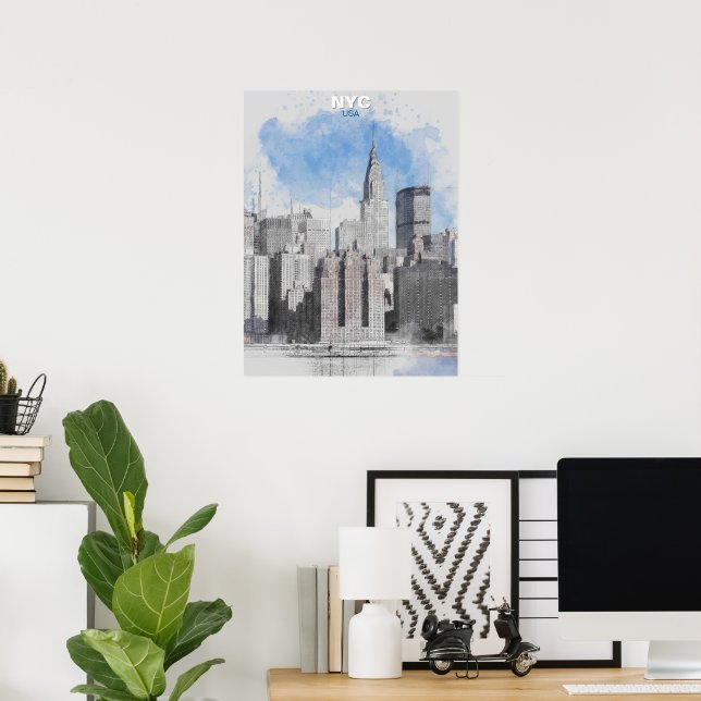Póster Watercolor New York City Skyline – Manhattan Wall  (Oficina en casa)
