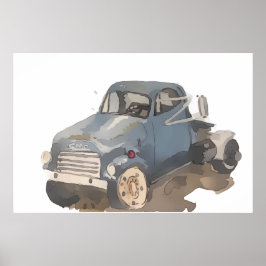 Póster Watercolor of a blue gray flatbed truck