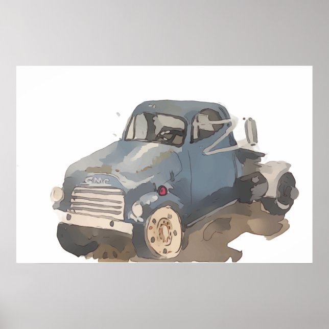 Póster Watercolor of a blue gray flatbed truck (Frente)