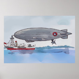 Póster Watercolor of a dirigible tethered to a boat