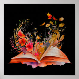 Póster Watercolor Open book con flores