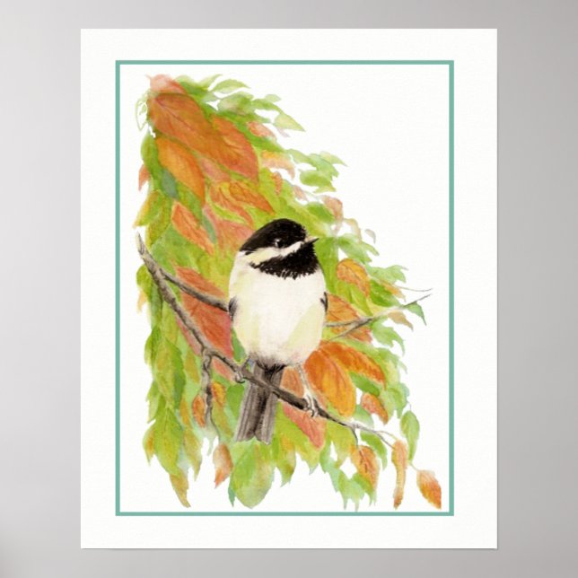 Póster Watercolor Otoño Chickadee Bird Fall Leaves (Frente)