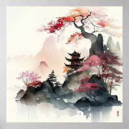 Póster Watercolor Pagoda Art