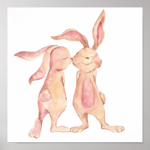 Póster Watercolor Painted Bunny Rabbit Love Cute