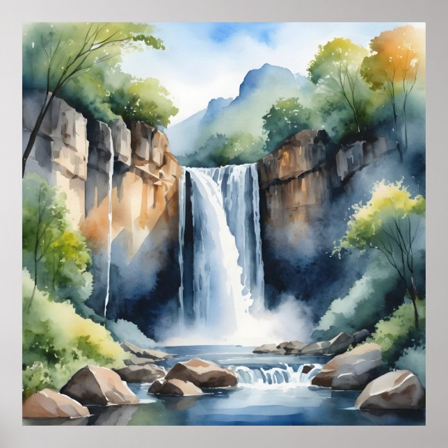 Póster Watercolor painted waterfall (Frente)