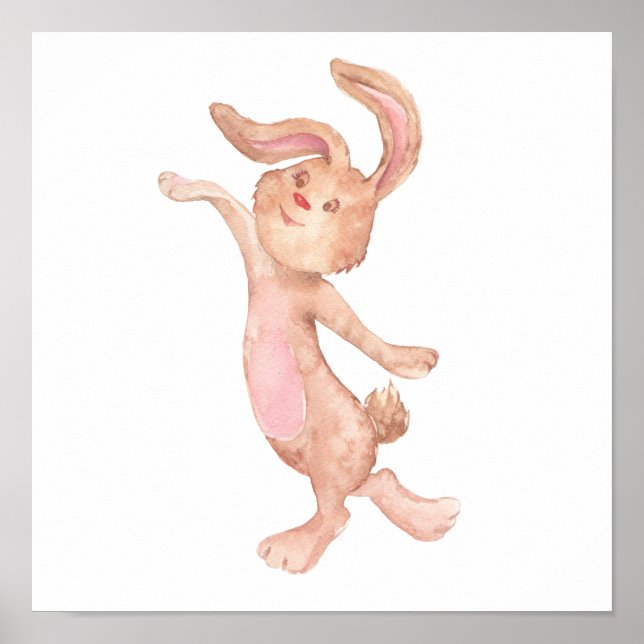 Póster Watercolor Painted Whimsical Bunny Rabbit Cute (Frente)