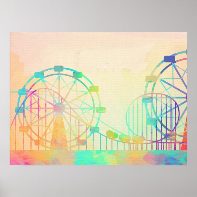 Póster Watercolor Painting Ferris Wheel Fairground Art (Frente)