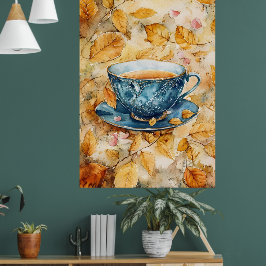 Póster watercolor painting of a blue porcelain teacup