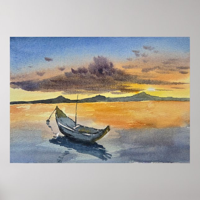 Póster Watercolor Painting Sunset scene  (Frente)