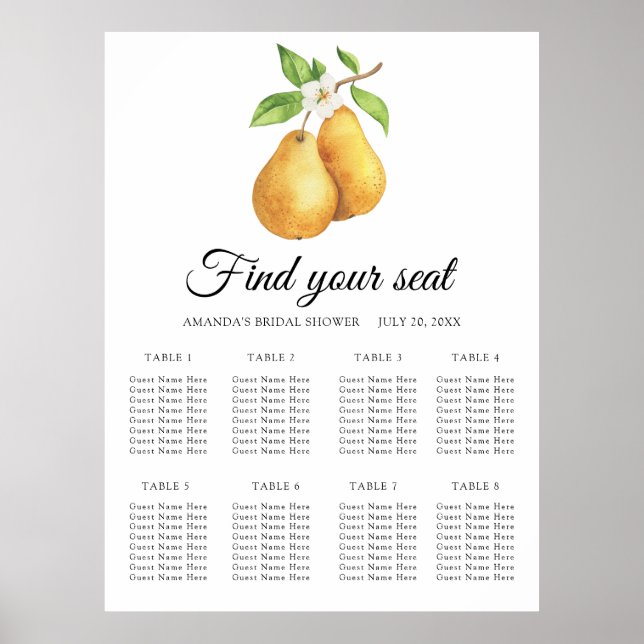 Póster Watercolor pair pears Wedding seating chart (Frente)