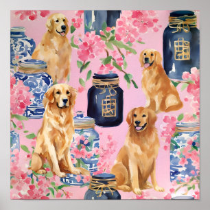 Póster Watercolor Palm Beach Golden Retrivers Ginger Jar