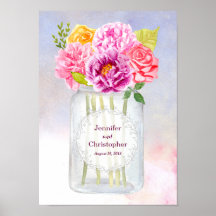 Watercolor Peonies Rosas Rústico Mason Jar Boda