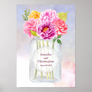 Póster Watercolor Peonies Rosas Rústico Mason Jar Boda