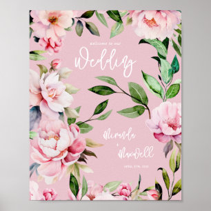 Póster Watercolor Peony Magnolia Boda Bienvenida Rosa