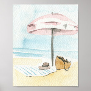 Póster Watercolor Pink Beach Umbrella Coastal