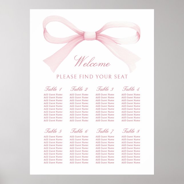 Póster Watercolor Pink Bow Seating Chart (Frente)