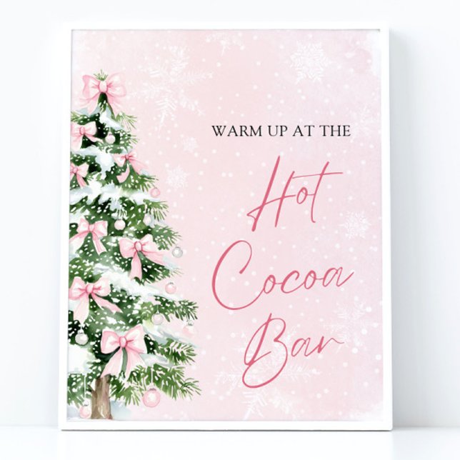 Póster Watercolor Pink Bows Christmas Tree Hot Cocoa Bar (Watercolor Pink Bows Christmas Tree Hot Cocoa Bar Sign)