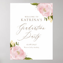 Póster Watercolor Pink Peonies Graduation Welcome Sign
