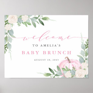 Póster Watercolor Pink Pumpkin Greenery Fall Baby Brunch