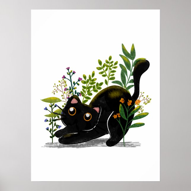 Póster Watercolor Playful Black Cat with Flowers (Frente)