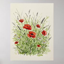 Póster Watercolor Poppies & Daisies Print Art