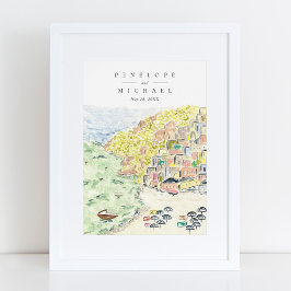 Póster Watercolor Positano Italia Boda de destino