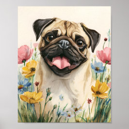 Póster Watercolor Pug Retrato Pared Art - Cute Pug Poster