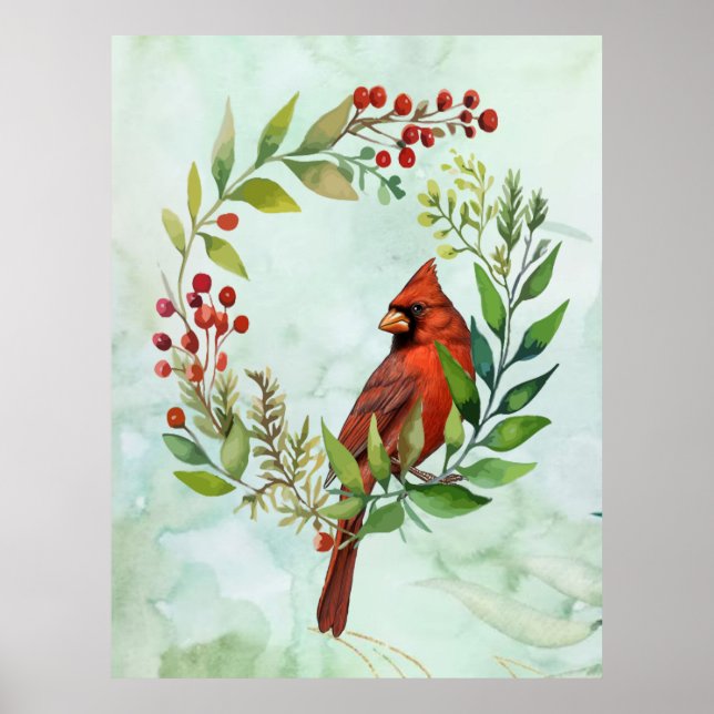 Póster Watercolor Red Cardinal Bird Wreath Christmas (Frente)