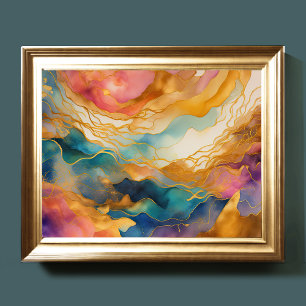 Póster Watercolor Resumen Paintaje Paintaje Oro 4:3