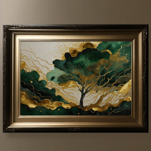 Póster Watercolor Resumen Paintaje Paintaje Oro Verde