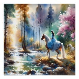 Póster Watercolor River Horsewoman Forest Light