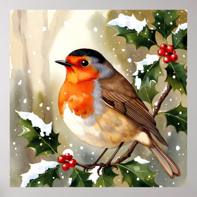 Póster Watercolor Robin Christmas Design (Frente)
