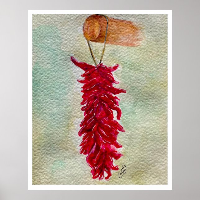 Póster Watercolor Rojo Chile Ristra Nuevo México (Frente)