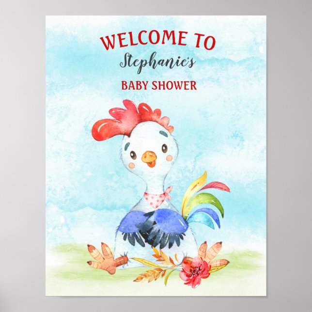 Póster Watercolor Rooster Baby Shower Farm (Frente)