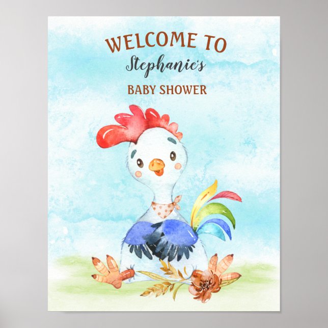 Póster Watercolor Rooster Baby Shower Farm (Frente)