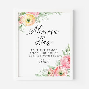 Póster Watercolor Rosa Ranunculus Flores Mimosa Bar