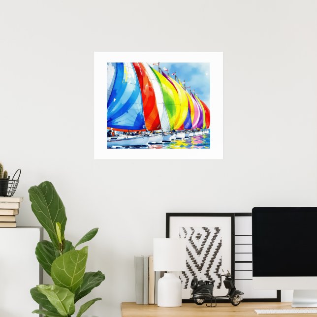 Póster Watercolor Sailboat Regatta (Oficina en casa)